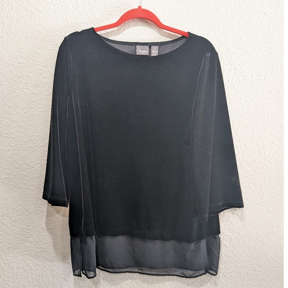 Chicos Travelers XL Velvet Tunic Top Black Layered Chiffon Hem Elegant Classic